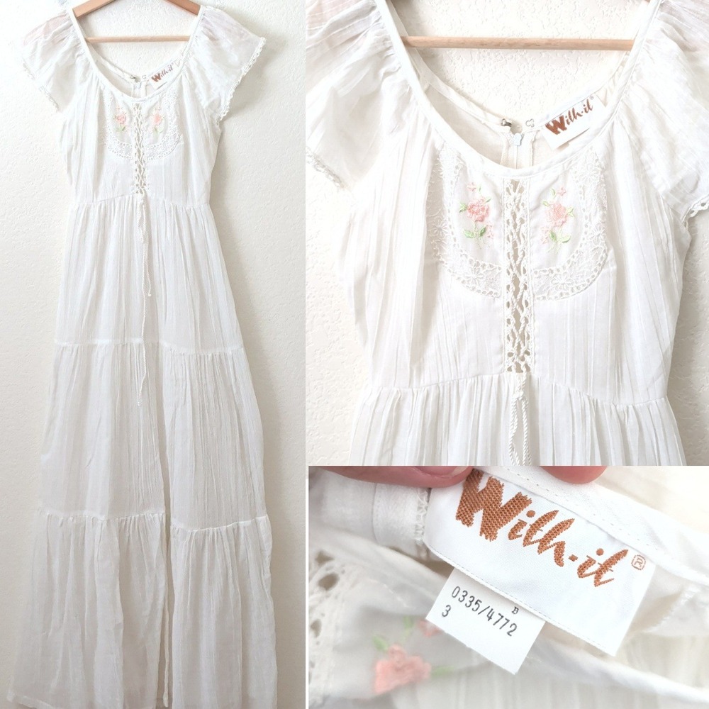 Vintage 60s With-it White Prairie Maxi Dress Floral Lace Cottagecore Size 3 XS